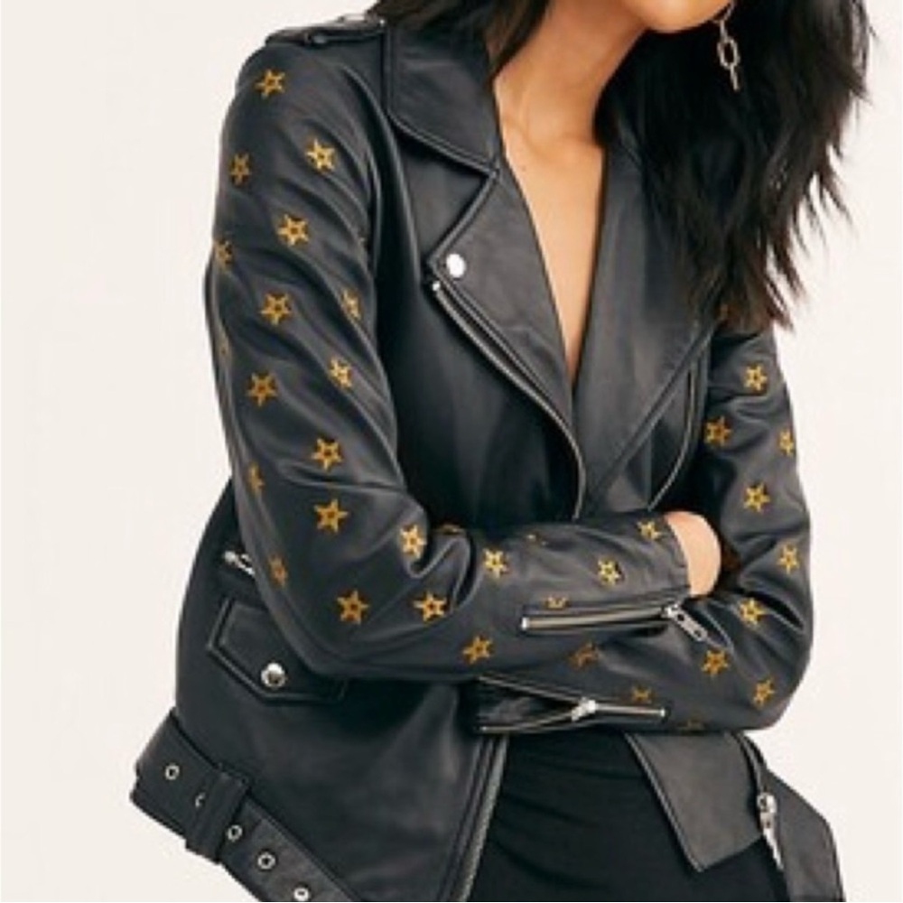 Black Leather Jacket with Gold Star Accents